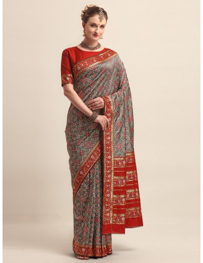 KAPAAHA Woven Navratan Patola Saree (Grey)